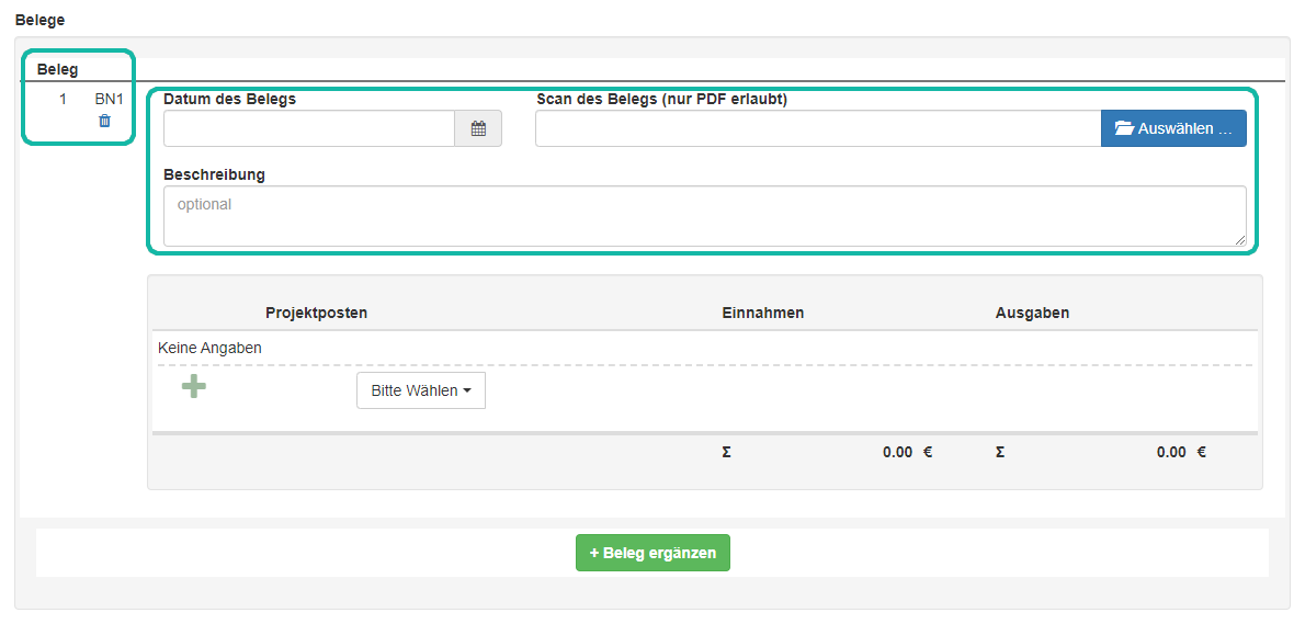 Screenshot der Maske zum Anlegen neuer Belege mit Markierungen der Belegnummer und der Felder für Datum, Scan des Belegs und der Beschreibung