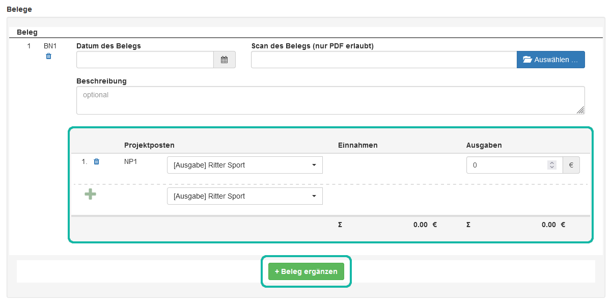 Screenshot der Maske zum Anlegen neuer Belege mit Markierung der Sektion zum Erstellen neuer Projektposten