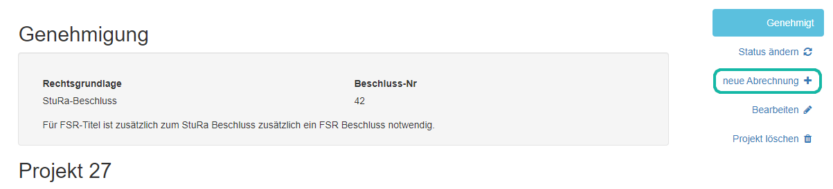 Screenshot der Projektübersicht mit Markierung des neue Abrechnung Buttons