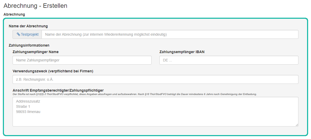 Screenshot der Maske zum Abrechnungen Erstellen mit markierten Feldern für Name der Abrechnung und den Zahlungsinformationen