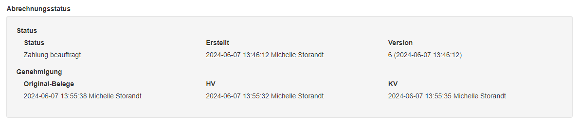 Screenshot vom Verlauf des Abrechnungsstatus
