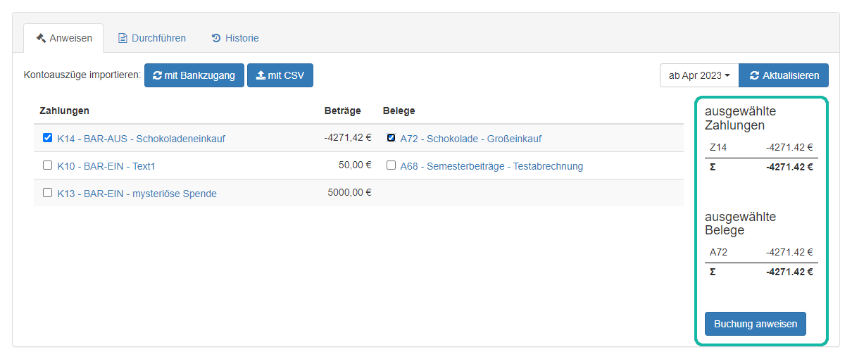 Screenshot der Ansicht zum Anweisen einer Buchung mit Auswahlmenü