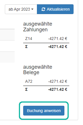 Screenshot der Seite zum Anweisen von Buchungen mit hervorgehobener Schaltfläche „Buchung nweisen“