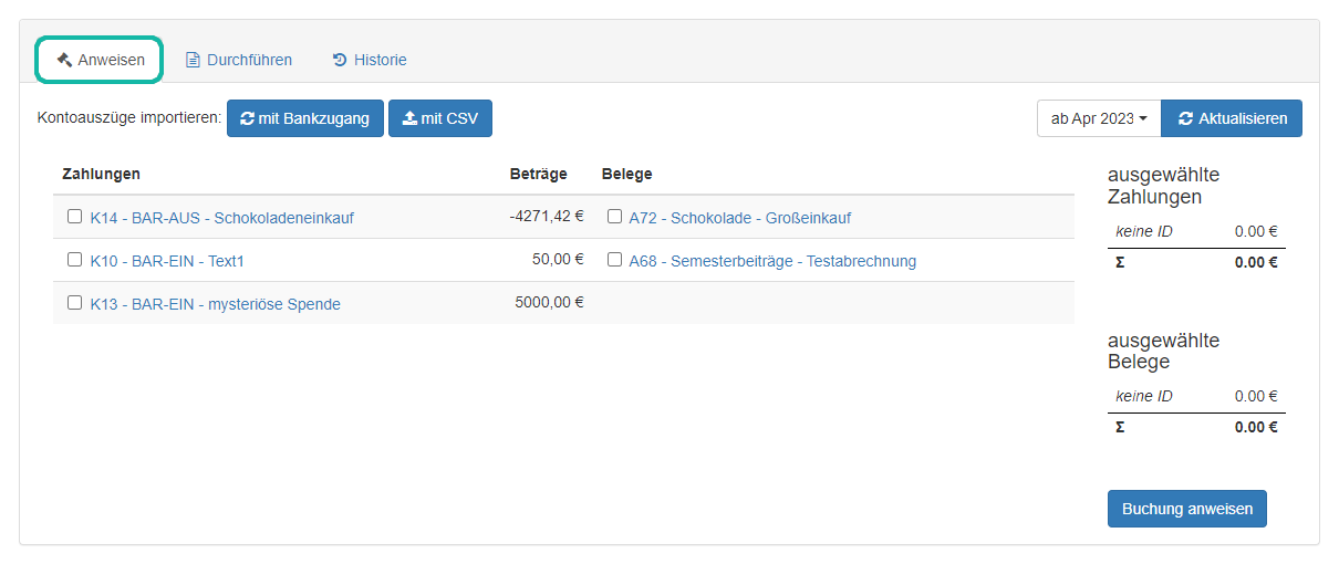 Screenshot der Übersicht zum Anweisen von Zahlungen