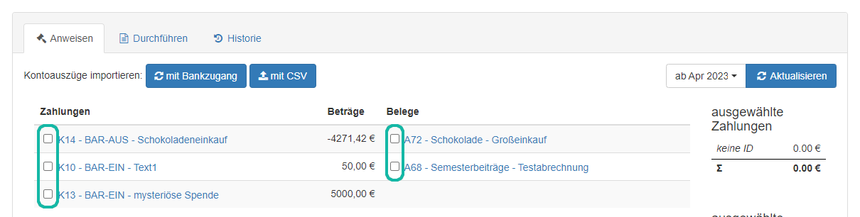 Screenshot der Seite zum Anweisen von Buchungen mit Markierungen der Auswahlfelder von Zahlungen und Belegen