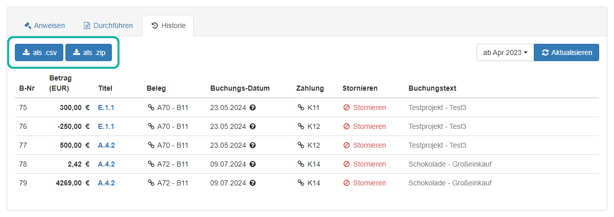 Screenshot der Buchungshistorie mit Markierung der Buttons zum Download der Buchungslisten
