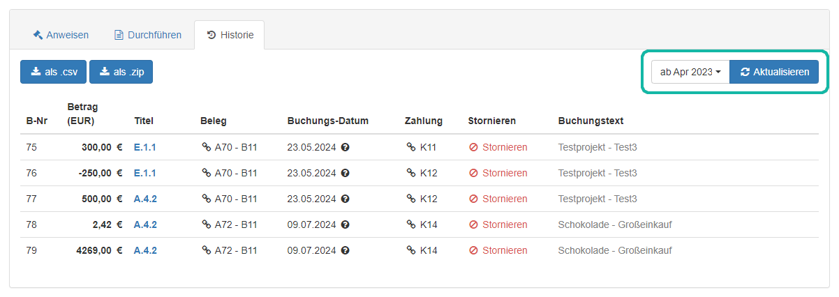 Screenshot der Buchungshistorie mit Markierung des Buttons zum Auswählen des Zeitraums