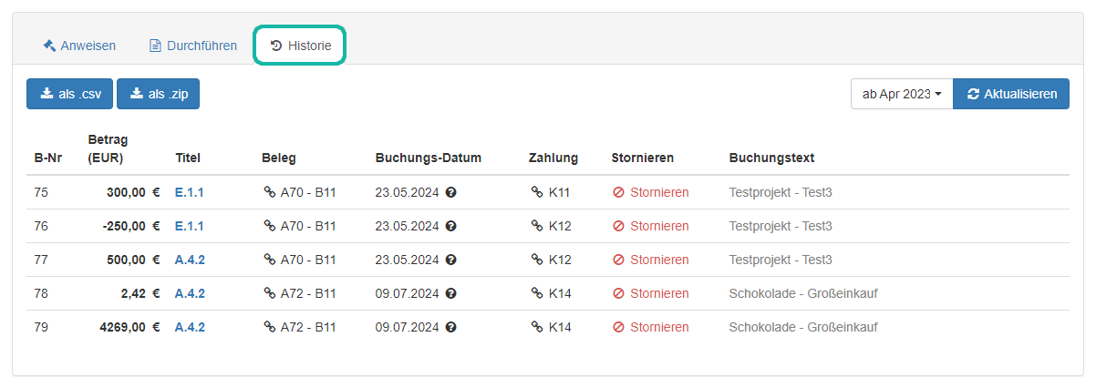Screenshot der Buchungshistorie/Buchungsliste