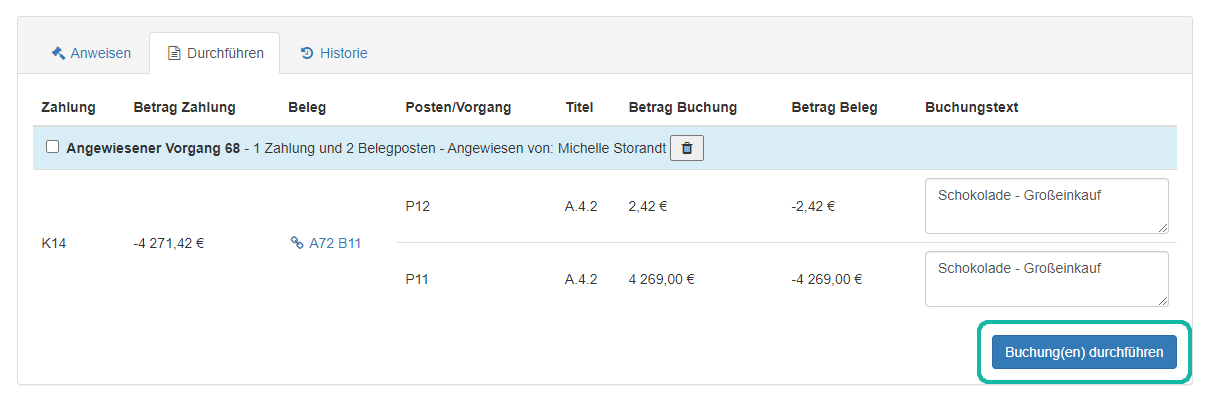 Screenshot der Seite zum Durchführen von Buchungen mit markiertem "Buchung(en) durchführen" Button