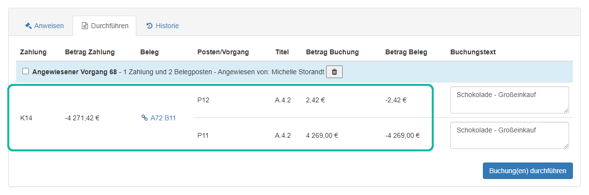 Screenshot der Seite zum Durchführen von Buchungen mit Markierung der gesammelten Beleginformationen