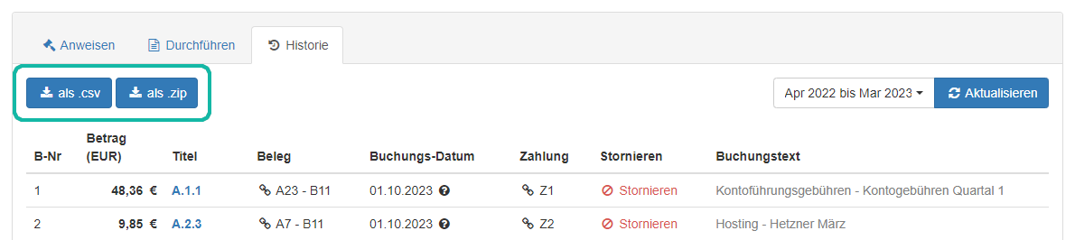 Screenshot der Buchungshistorie mit markierten Export-Schaltflächen