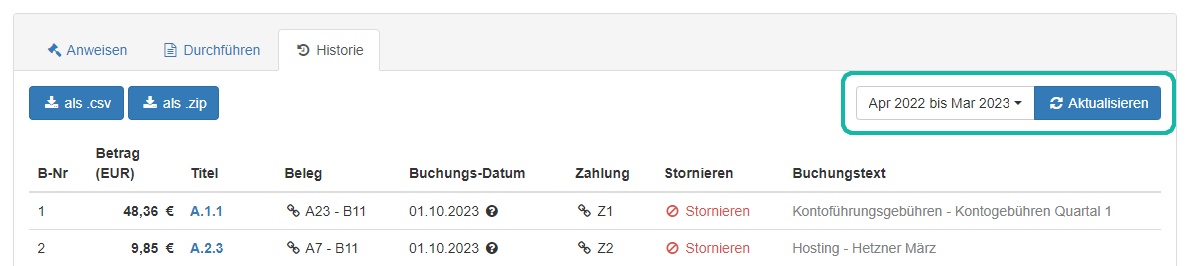 Screenshot der Buchungshistorie mit markierter Auswahl des Haushaltsjahres