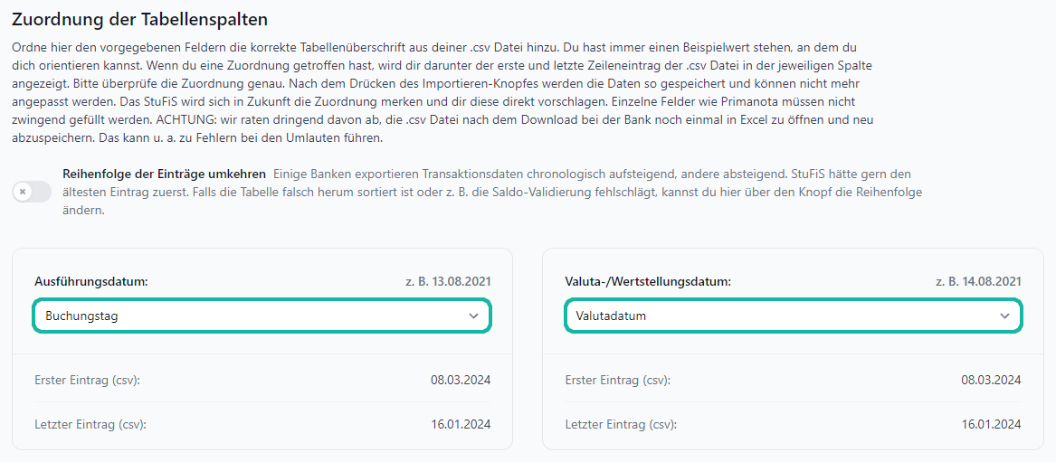 Screenshot mit Maske zum Hochladen einer .csv Datei für die Kontoauszüge mit Markierung der beiden Dropdown-Menüs "Ausführungsdatum" und "Valuta-/Wertstellungsdatum"