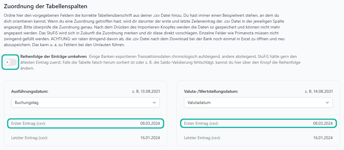 Screenshot mit Maske zum Hochladen einer .csv Datei für die Kontoauszüge mit Markierung der Datumsangaben zum ersten Eintrag und dem Button "Reihenfolge der Einträge umkehren"