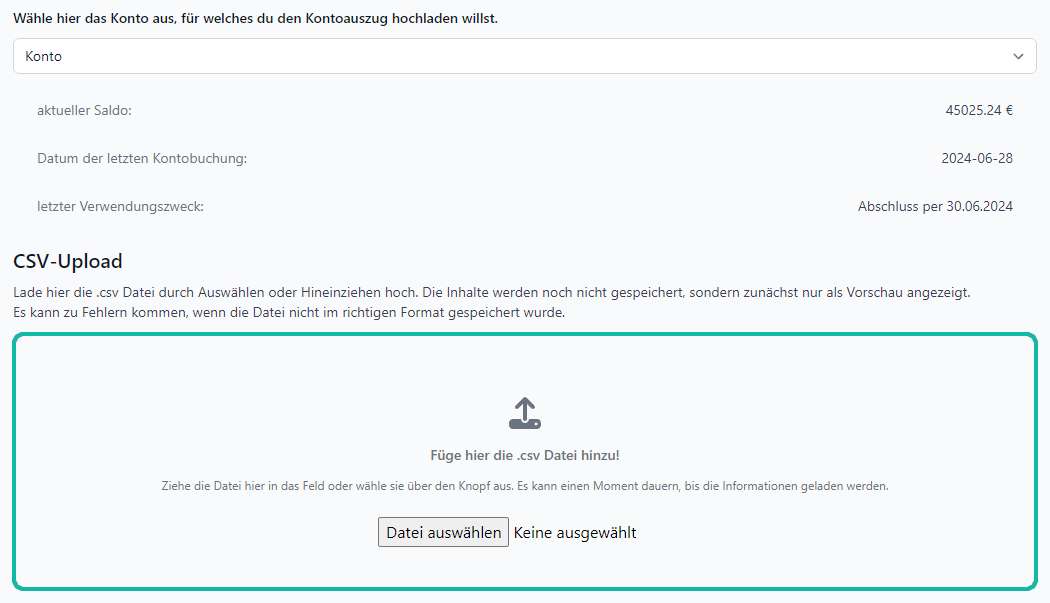 Screenshot mit Maske zum Upload einer csv. Datei für den Import der Kontoauszüge mit markiertem Datei-Upload-Feld