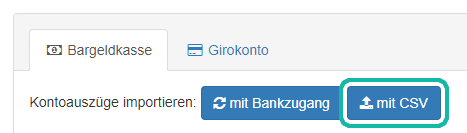 Screenshot der Unterseite Girokonto mit Markierung des Buttons "mit CSV" zum Upload von Kontoauszügen