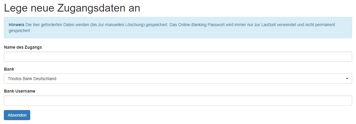 Screenshot mit Maske zum Anlegen neuer Kontozugangsdaten