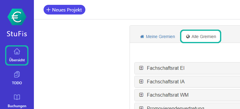 Screenshot der Startseite mit Markierung des Reiters "Alle Gremien"