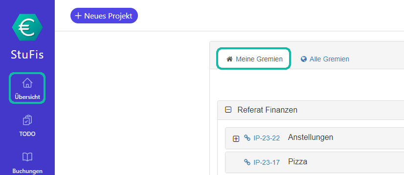 Screenshot der Startseite mit Markierung des Reiters "Alle Gremien"