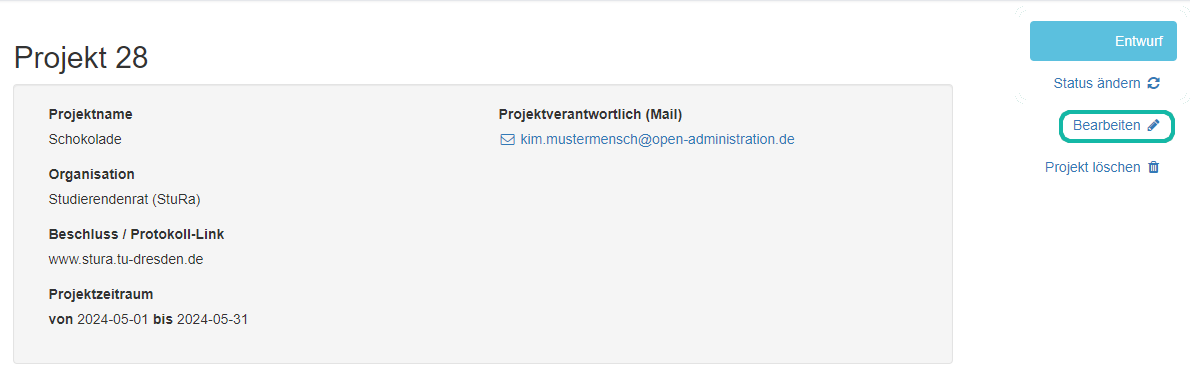 Screenshot der Projektübersicht mit Markierung der Schaltfläche "Bearbeiten"