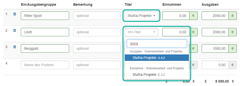 Screenshot der Finanzplanübersicht eines Projekts mit Markierung der Spalte "Titel" und des Dropdown-Menüs zum Auswählen eines Haushaltstitels