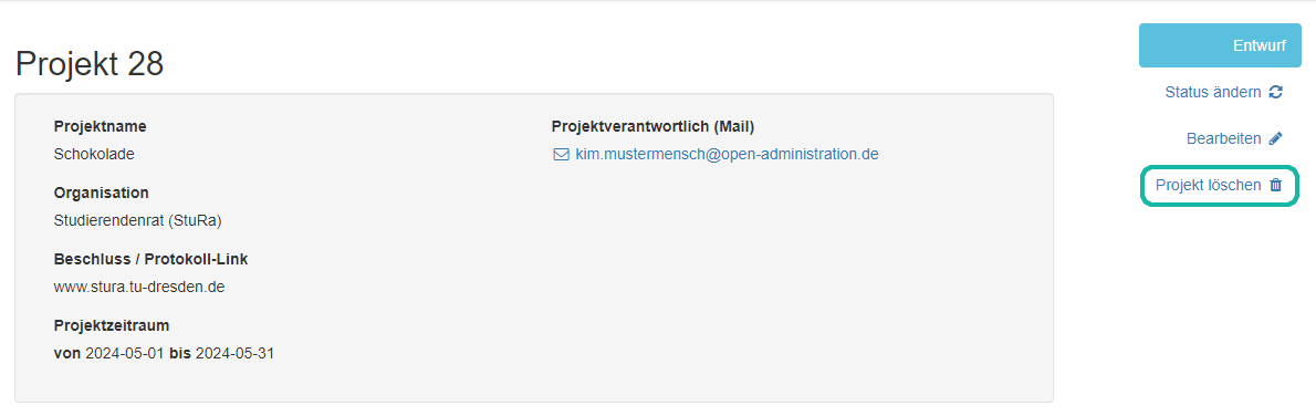 Screenshot der Projektübersicht mit Markierung des Buttons "Projekt löschen"