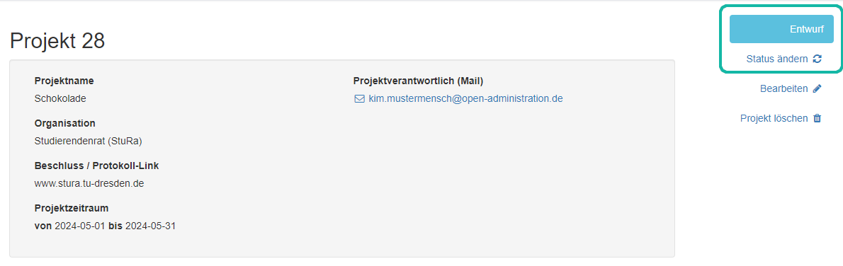 Screenshot der Projektübersicht mit Markierung des aktuellen Status' und der Schaltfläche "Status ändern"