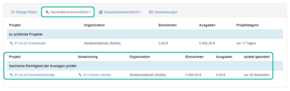 Screenshot der To-Do Übersicht für den Haushaltsverantwortlichen mit Markierung des Reiters "Haushaltsverantwortliche:r" und der Tabelle "Sachliche Richtigkeit der Auslagen prüfen"