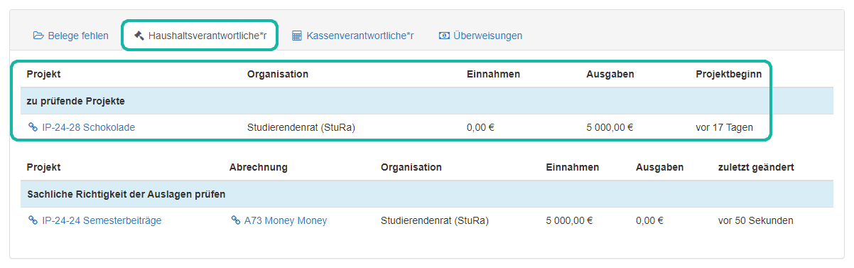 Screenshot der To-Do Übersicht für den Haushaltsverantwortlichen mit Markierung des Reiters "Haushaltsverantwortliche:r" und der Tabelle "zu prüfende Projekte"