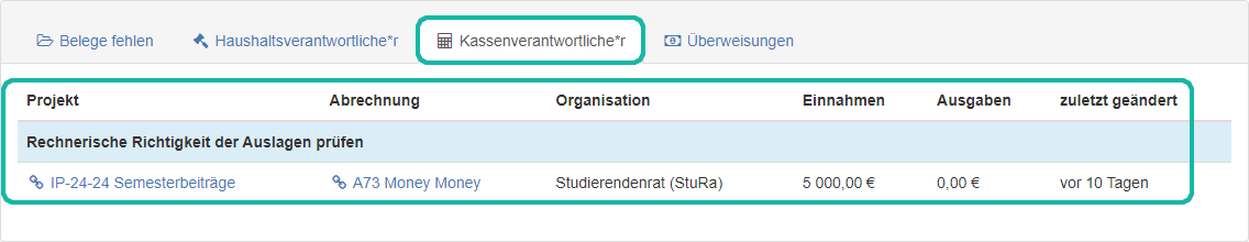 Screenshot der To-Do-Übersicht unter dem Reiter des:der Kassenverantwortlichen