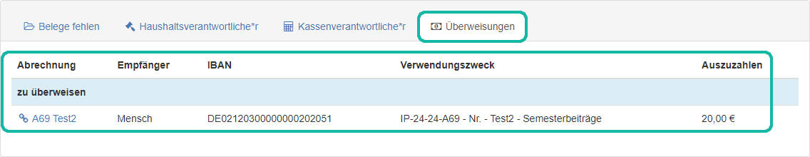 Screenshot der To-Do-Übersicht unter dem Reiter "Überweisungen"